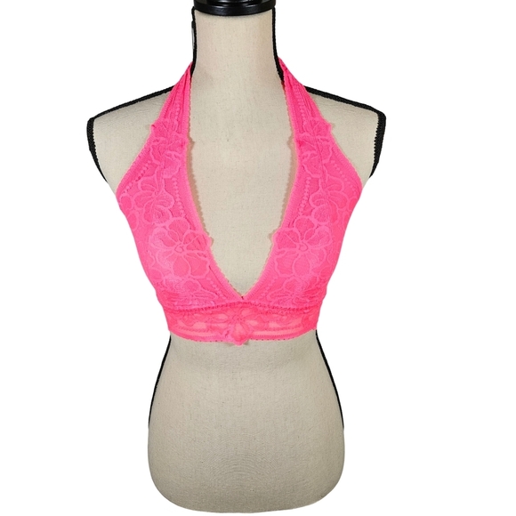 PINK By Victoria's Secret Lace Halter Style Bralette, Hot Pink,  Large A - C Cup - Picture 1 of 16